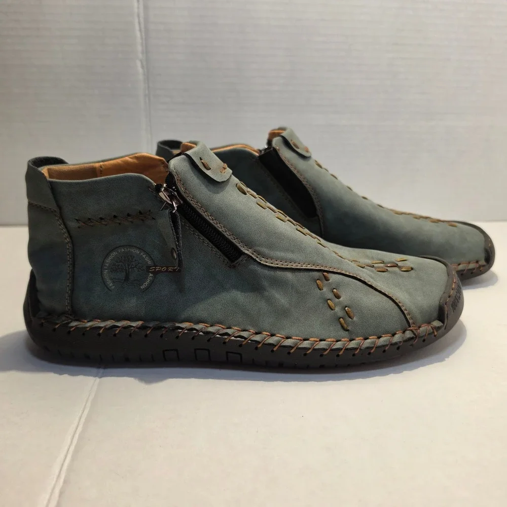 Fashion Sport Leather Hand Stitched Blue Ankle Boots Men 41 Zip 818-41